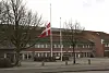 Dänische Flagge vor einem Rathausgebäude auf Halbmast zwischen kahlen Bäumen.