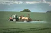 Traktor sprüht Chemikalien über ein großes grünes Feld in Dänemark.